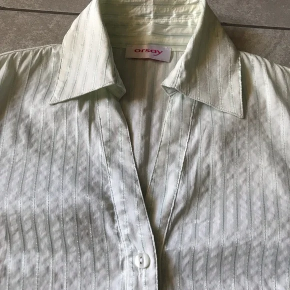 White green stripes fitted stretchy shirt sleeve blouse S - Picture 8 of 11